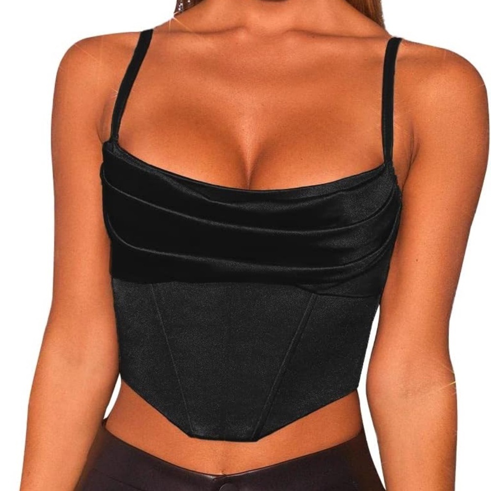 Lovesome Champagne Satin Spaghetti Strap Bustier Cowl Crop Top Size Small - Picture 8 of 8